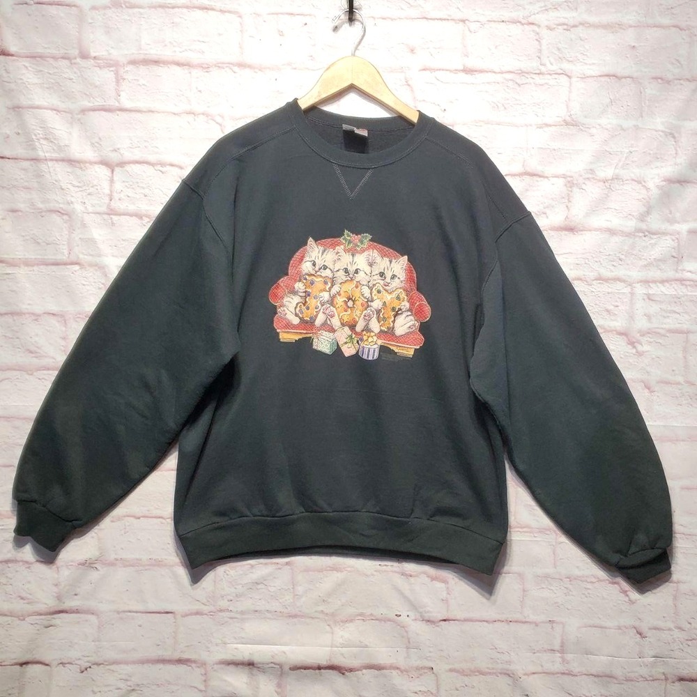VTG Jerzees Premium Fit Cats Sweatshirt Kitten Cookie Graphic Kayomi Large Y2K